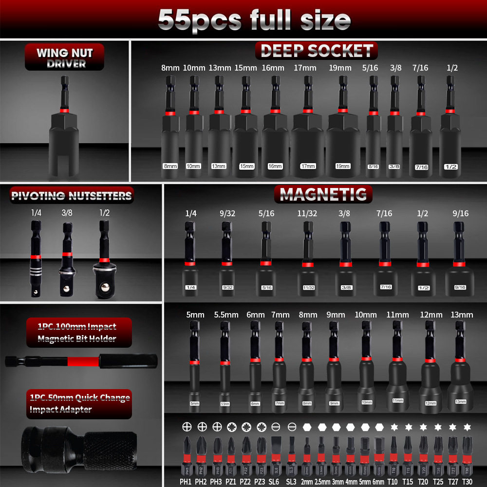 55PCS Magnetic Impact Nut Driv - Power Z Tools review and price